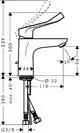 Einhebel-Waschtischmischer von Hansgrohe mit Comfortgriff und Zugstangen-Ablaufgarnitur, dargestellt im technischen Zeichnungsformat mit Maßangaben und Anschlussdetails.